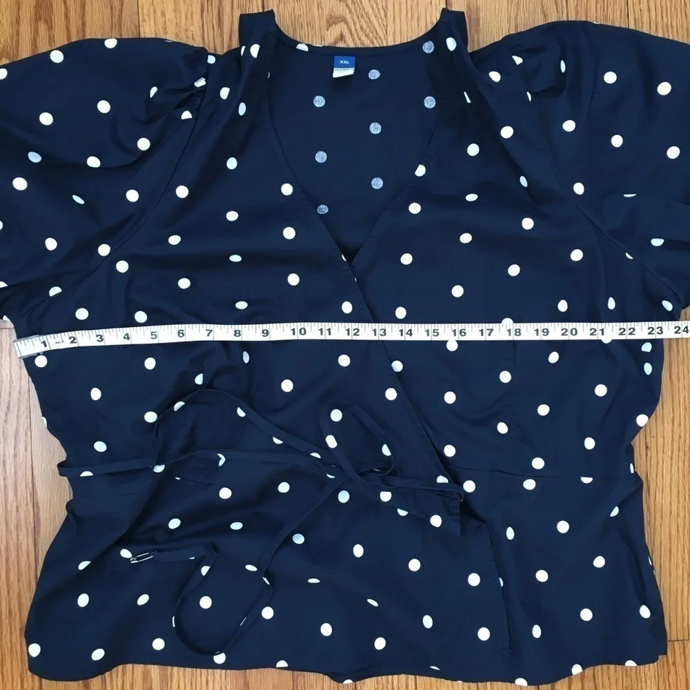 Old Navy Navy White Dots Waist Defined Puff Short Sleeve Tie-Wrap Blouse